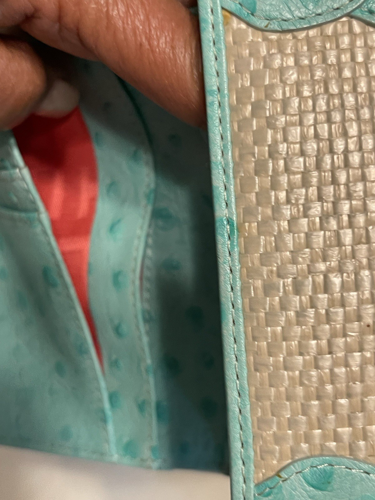 Elaine Turner Turquoise Ostrich Leather/StrawWallet New Without Tags
