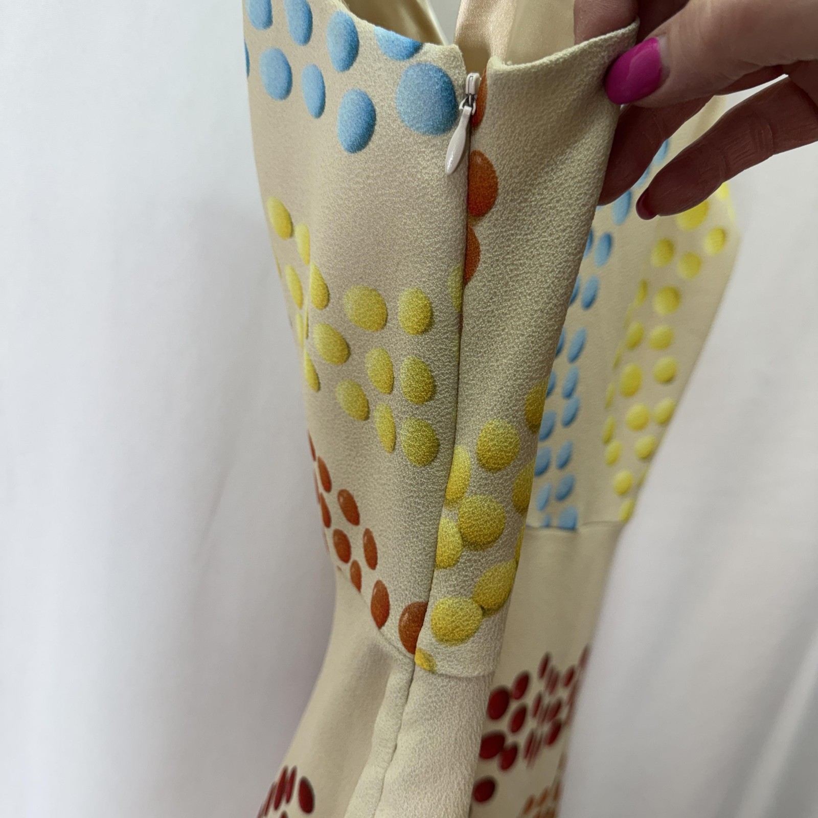 Eva Franco Womens Dress 10 Beige Textured Polka Dot Chevron V-Neck Mod Retro