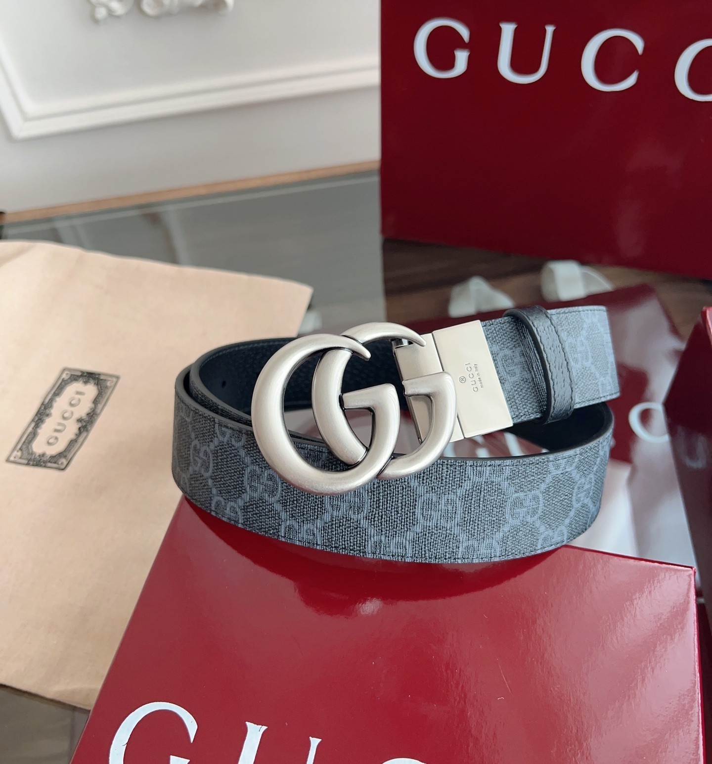 New Gucci Black Leather GG Canvas Men’s Reversible Belt Retro GG Buckle 3.7cm