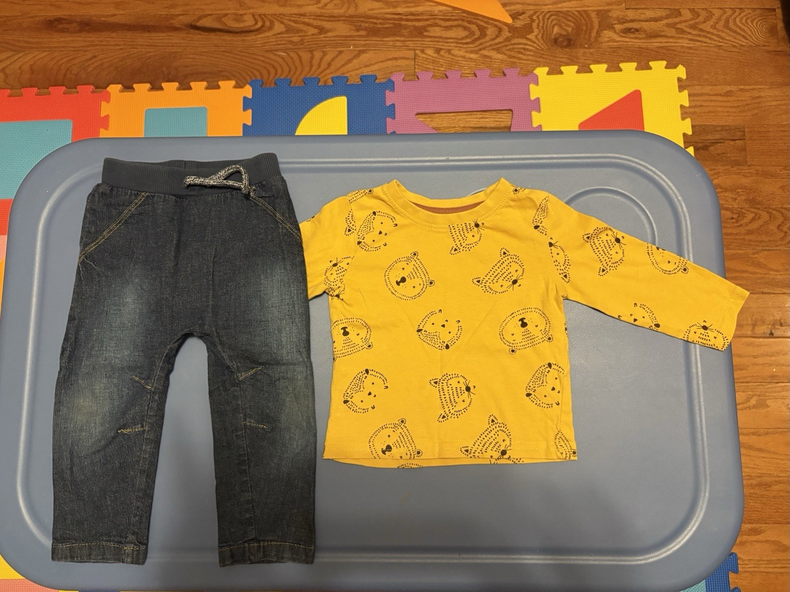 Unisex Baby Outfit Long Sleeve T-Shirt Hedgehog & Denim Drawstring Pants 9-12 Mo