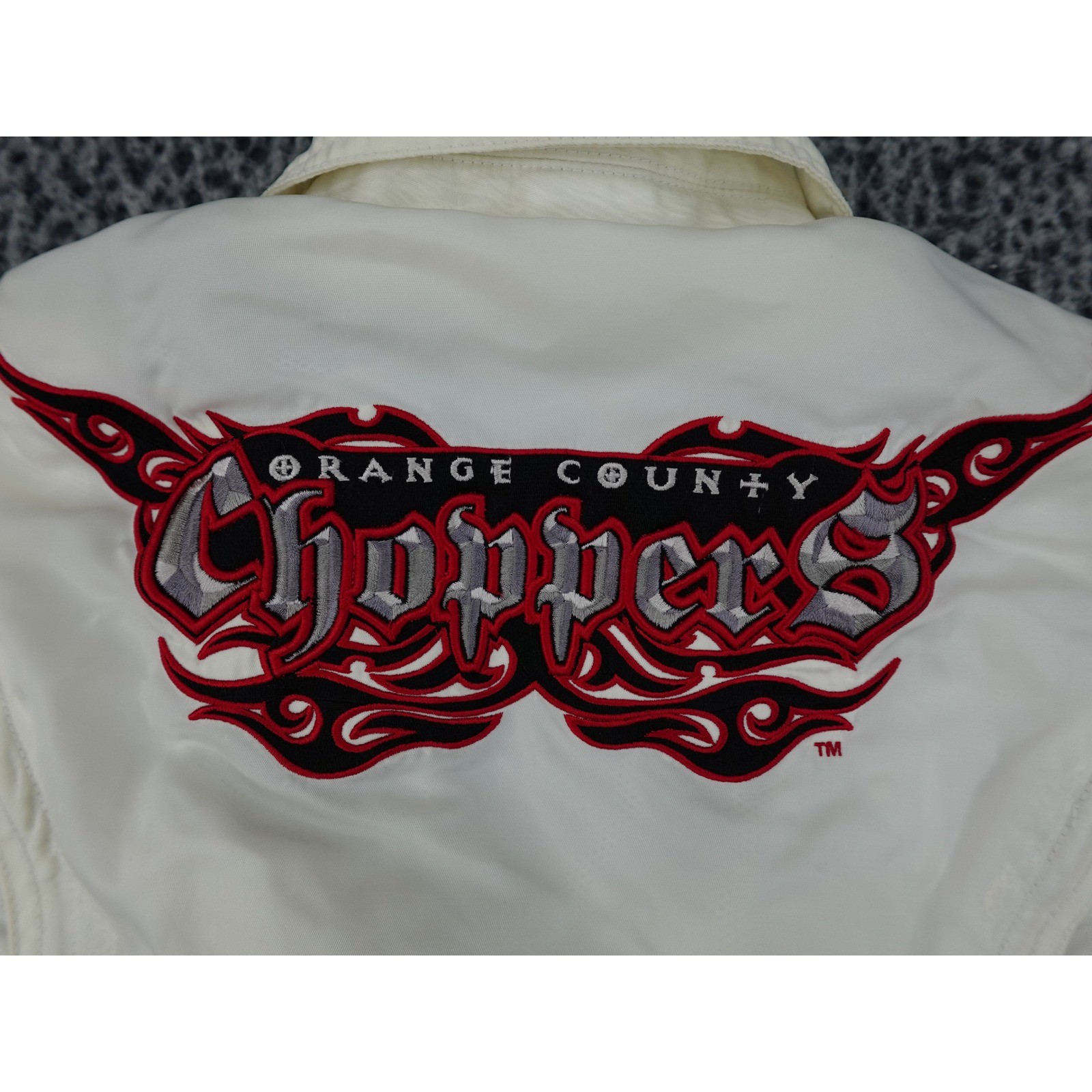 Orange County Choppers Moto Jacket Womens Medium White Good Flame Embroidered