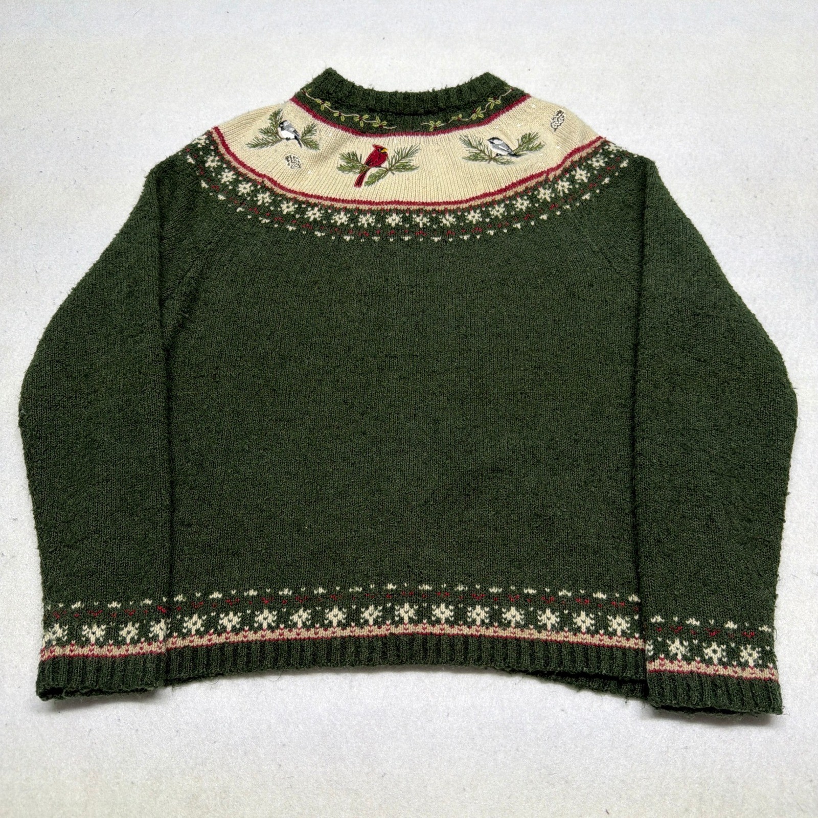 Vintage Croft & Barrow Silk Wool Fair Isle Bird Embroidered Knit Sweater Large