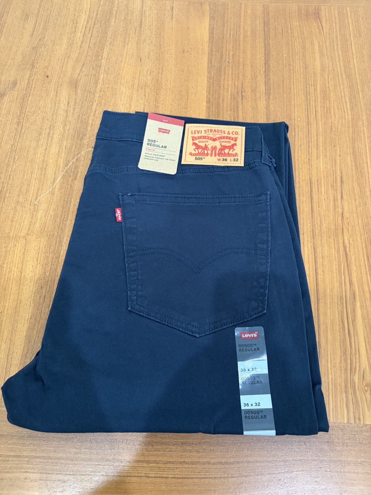 Levis 505 Jeans Men Stretch Regular Fit Zip Navy Blue 36×32 98% cotton