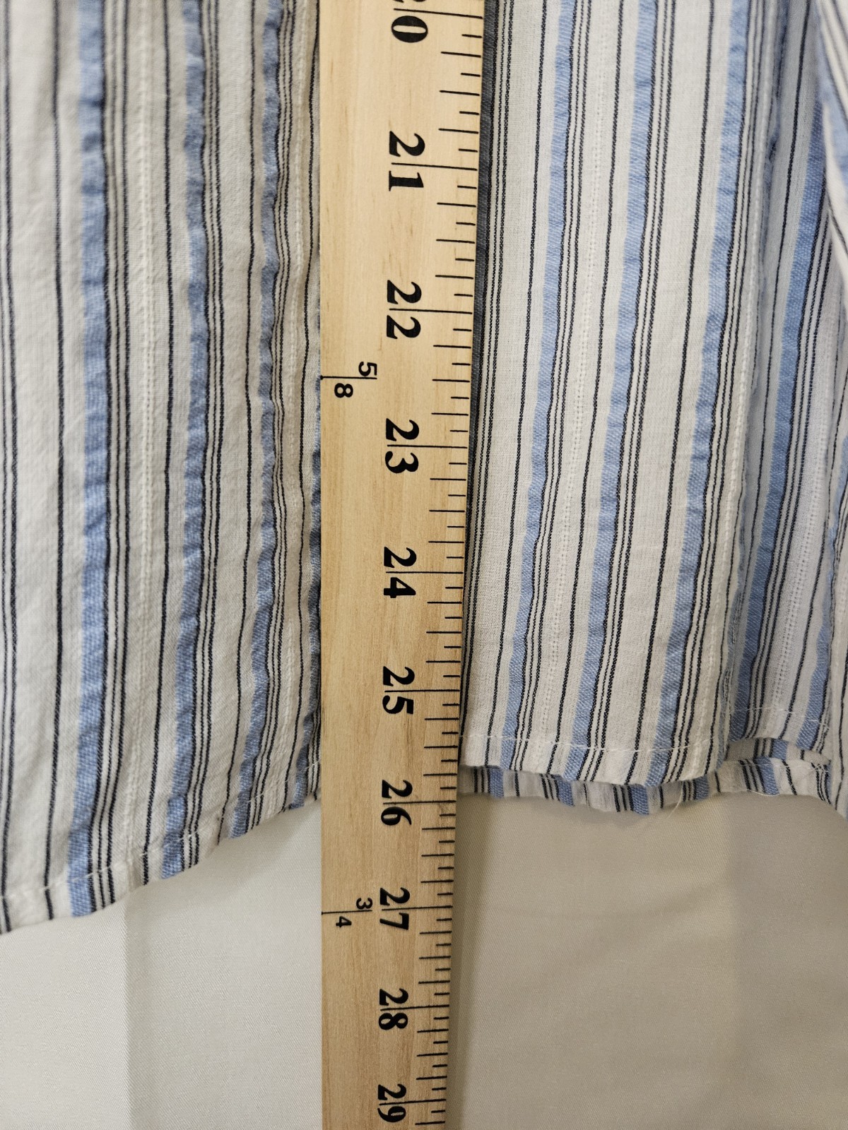 LOFT Blue & White Striped Ruffled Mock Neck Blouse