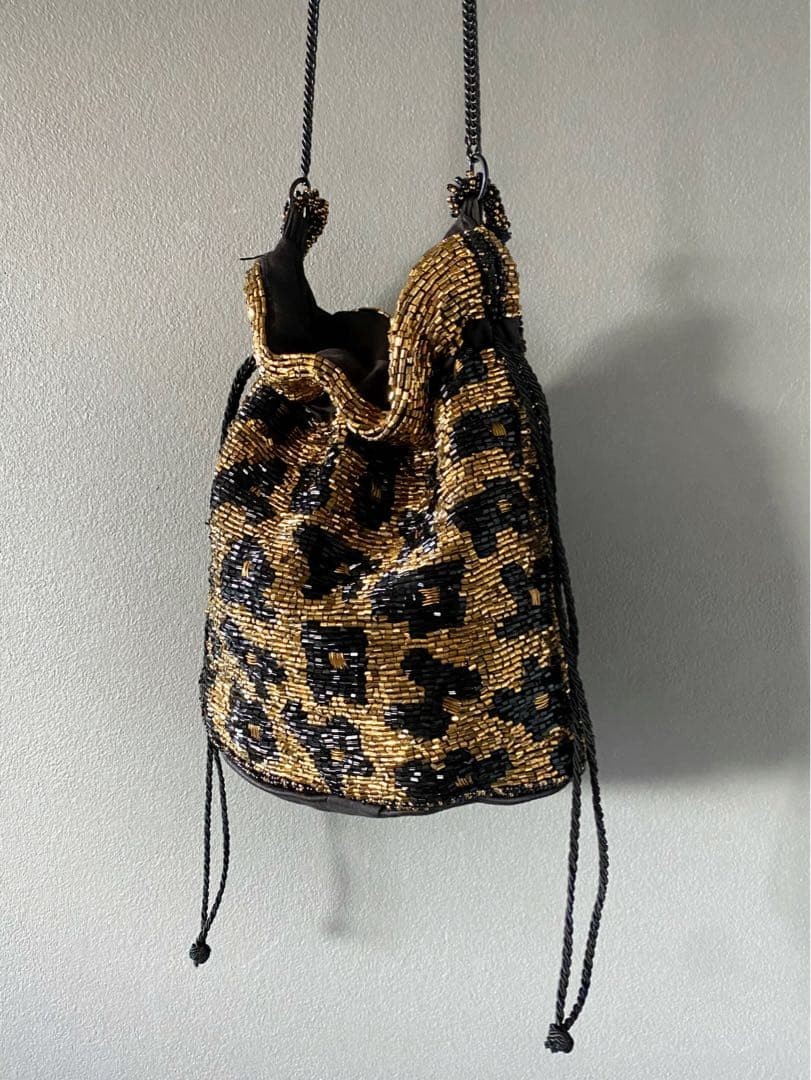 Vintage Leopard Beaded Party Bag Gold Tone Crossbody with Chain and Drawstring
