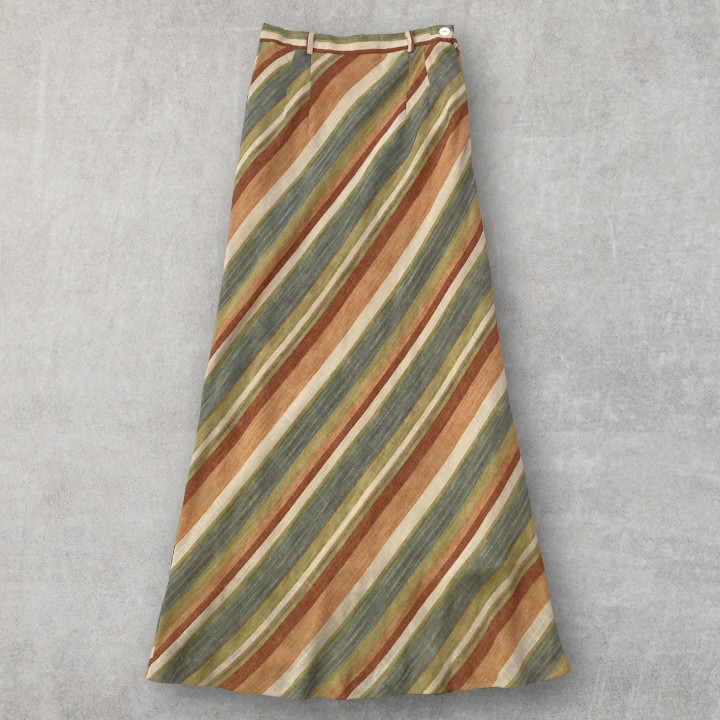 Japanese Vintage Slim Multicolor Striped Linen Blend Maxi Skirt A Line Retro