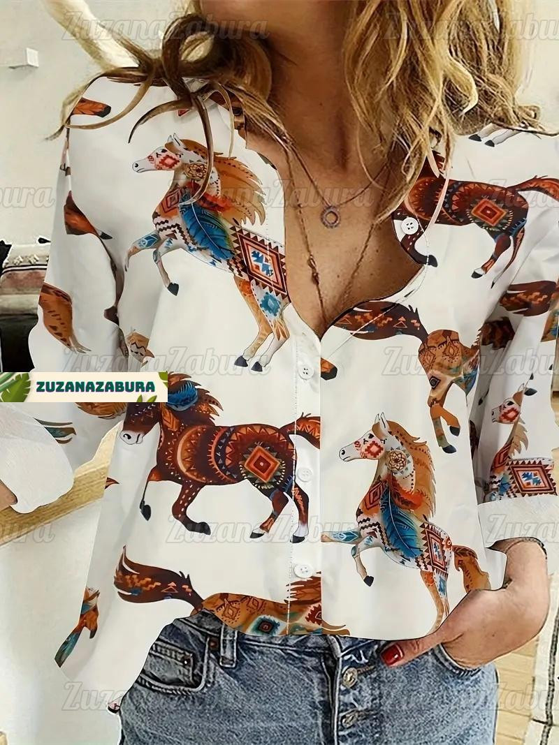 Horse Linen Look Shirt Horse Blouses Shirt Equestrian Shirt