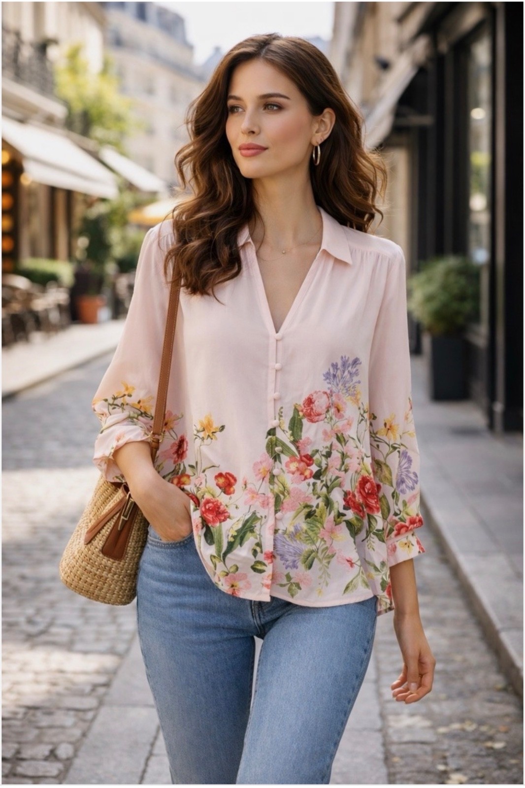 Fig & Flower Anthropologie Women’s L Pink Blouse Button Up Floral Shirt V-Neck
