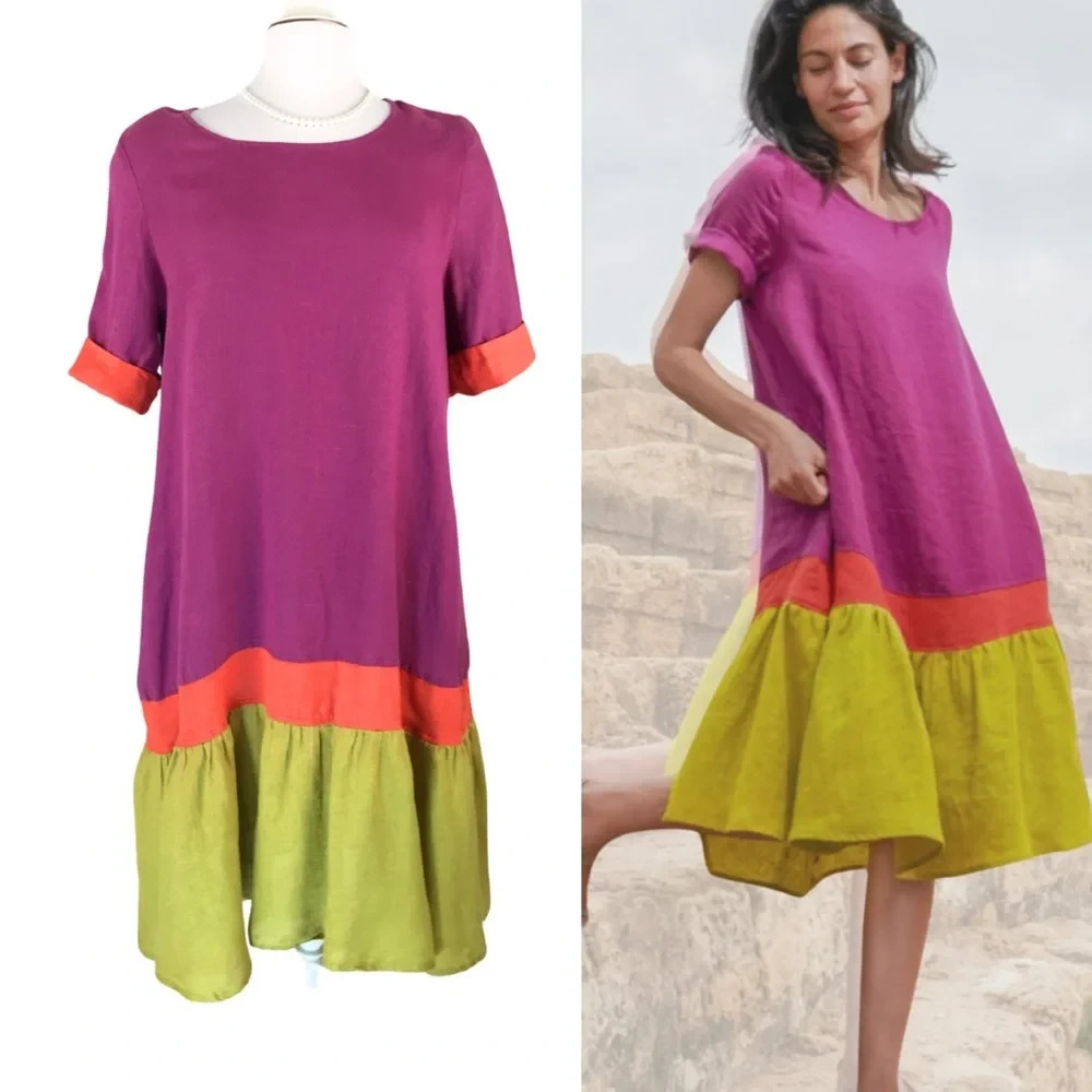 Alembika Womens Sari Linen Colorblock Swing Dress Size 3/10-12 Lagenlook Artsy