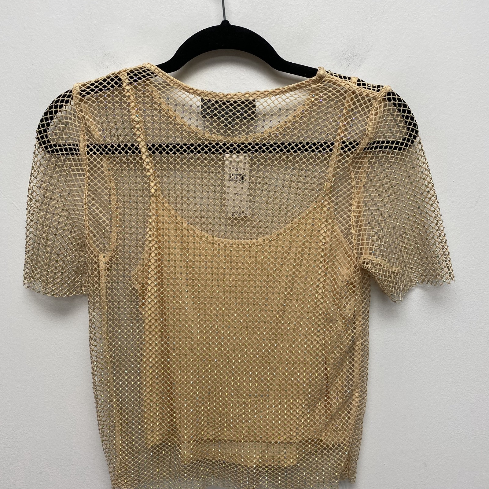 Anthropologie Sunday in Brooklyn Rhinestone Mesh Top Women Beige Sand XS $98 New