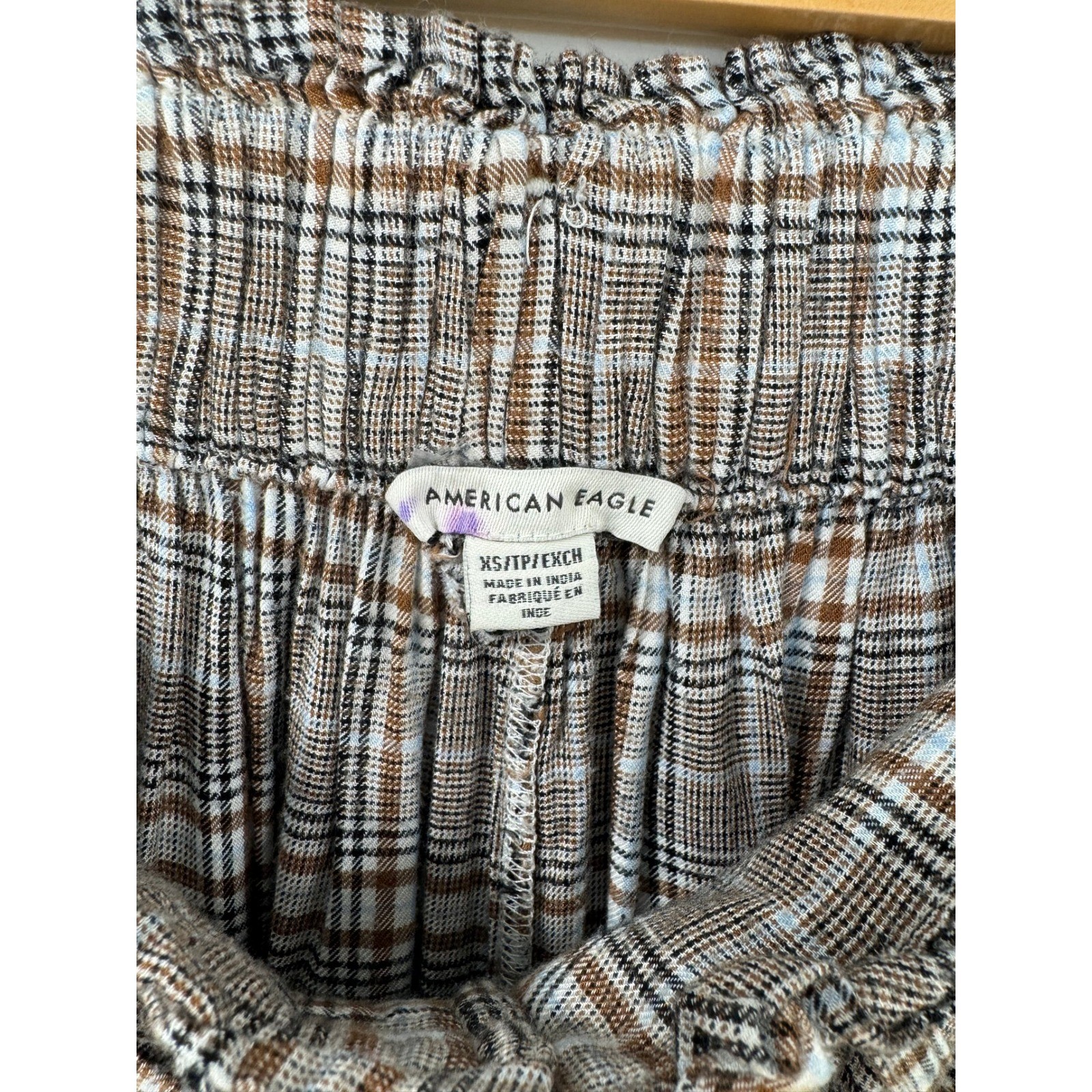 American Eagle Brown Plaid Paperbag Waist Pants XS Tapered Leg Button Front Tie