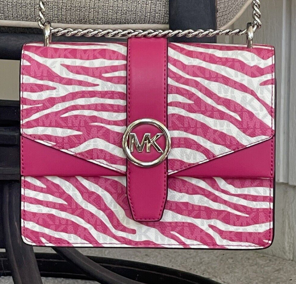MICHAEL KORS GREENWICH SMALL FLAP CROSSBODY MK CHAIN BAG TOTE PINK ANIMAL ZEBRA