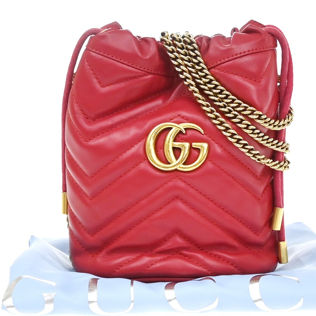 GUCCI GG Marmont Drawstring Chain Crossbody Shoulder Bag Leather Red GHW 84TA683