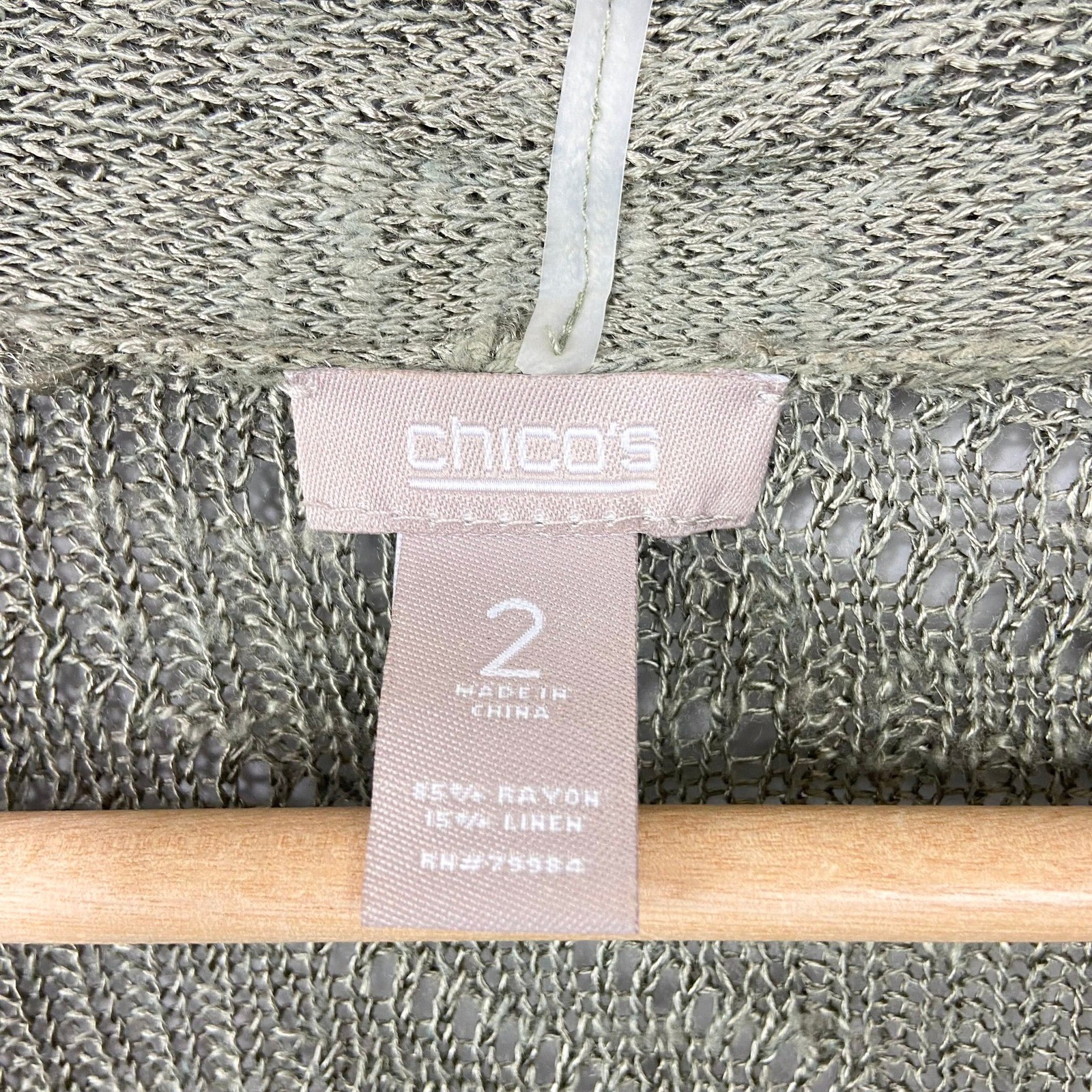 Chico’s Open Front Cardigan Sweater Women Sz L Olive Green Pointelle Linen Blend
