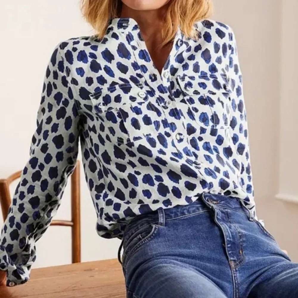 Boden Dolores Blue Leopard Print 100% Linen Band Collar Button Down Shirt US 10R