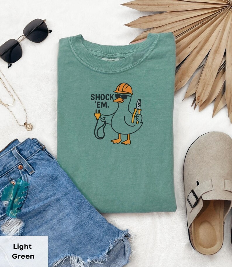 Funny Electrician T-Shirt Shock Em Duck Lineman Blue Collar Gift Top