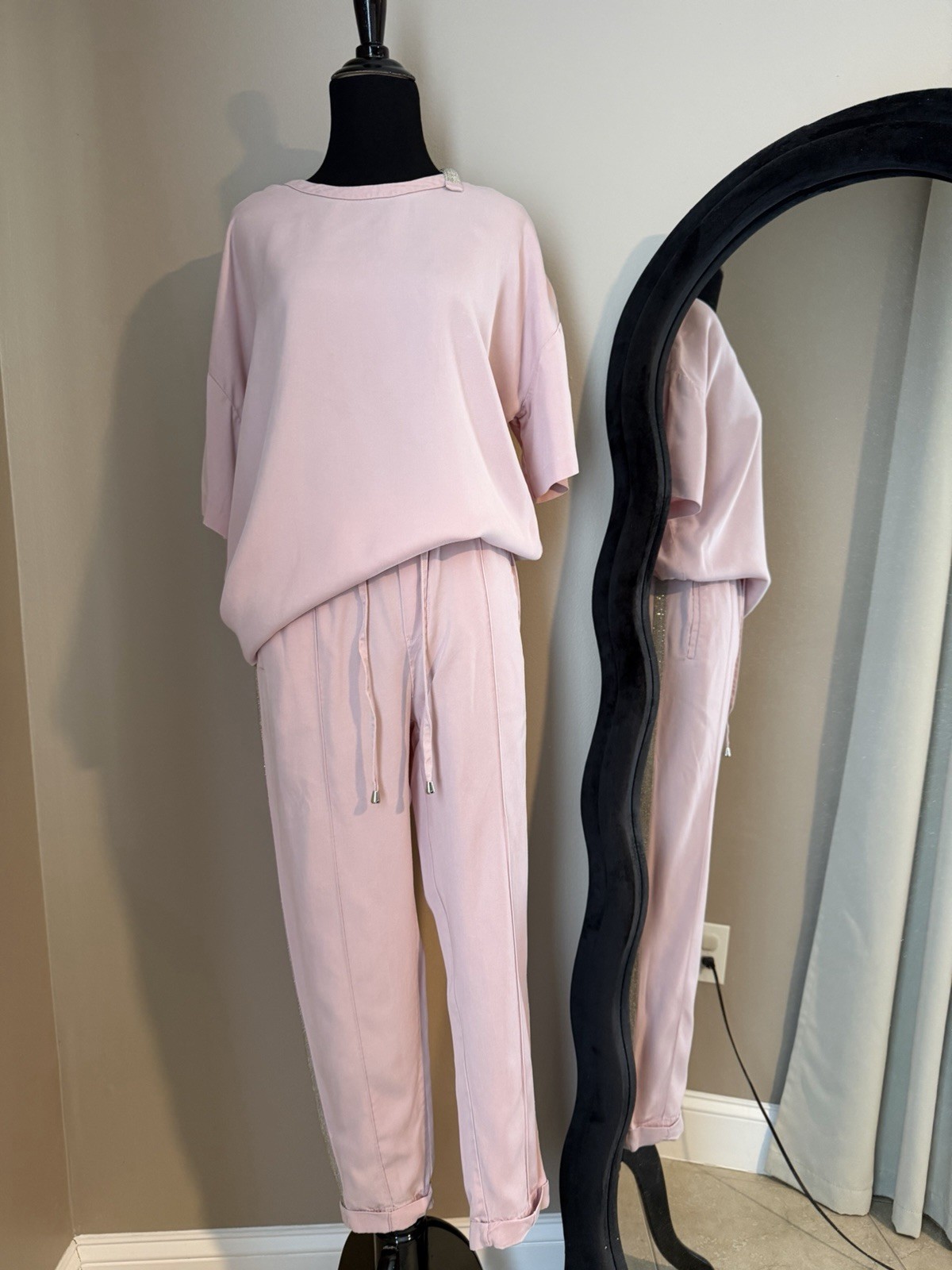 Women’s Pink Cotton 2pc Knit Outfit Set Crewneck Top & Jogger Pants 36 (s)
