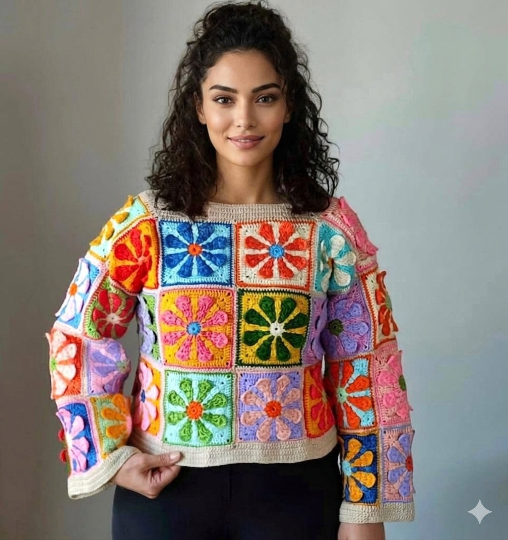 Handmade Colorful Floral Crochet Women Square Sweater – Vibrant 3D Flower Patch
