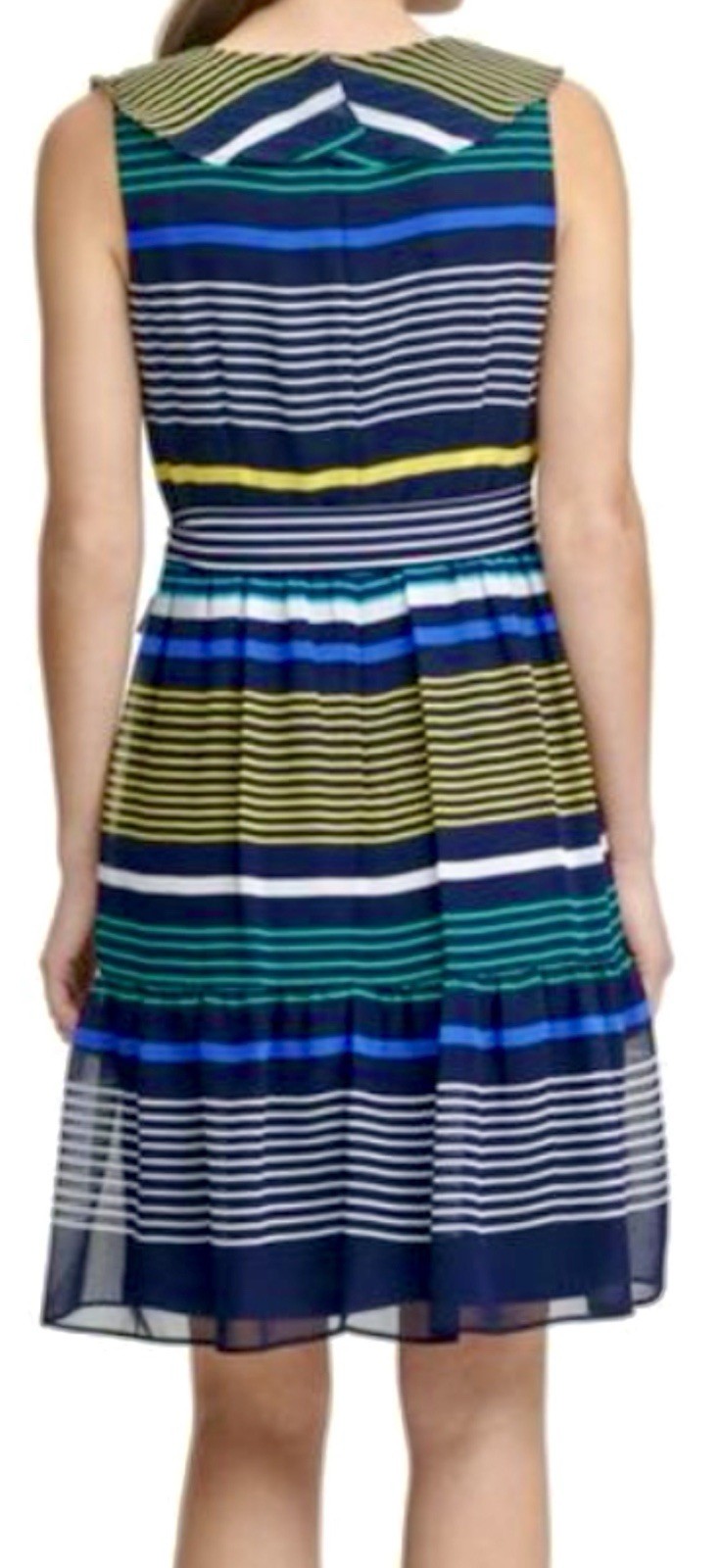 DKNY Navy Striped Belted Lined Sleeveless Above The Knee Fit&Flare Dress Size 16