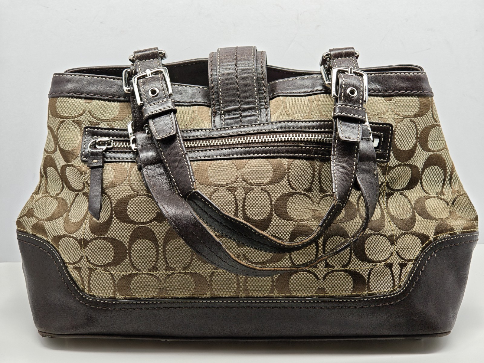 COACH | Brown Logo Shoulder Bag Buckle Accent Double Handles Silver Hardware