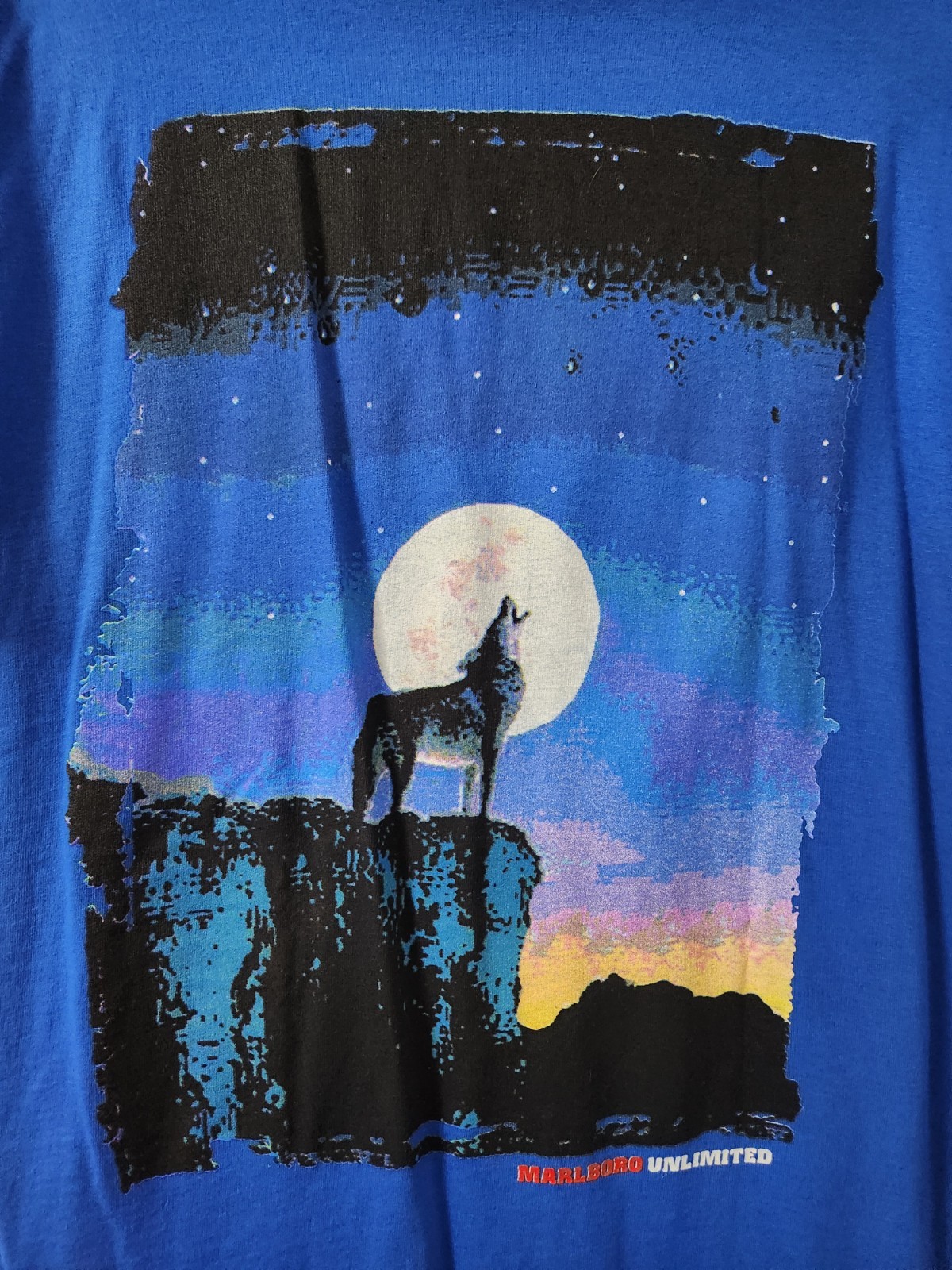 Vintage Blue Marlboro Unlimited Tshirt, Size XL. Never Worn, On Back Lone Wolf