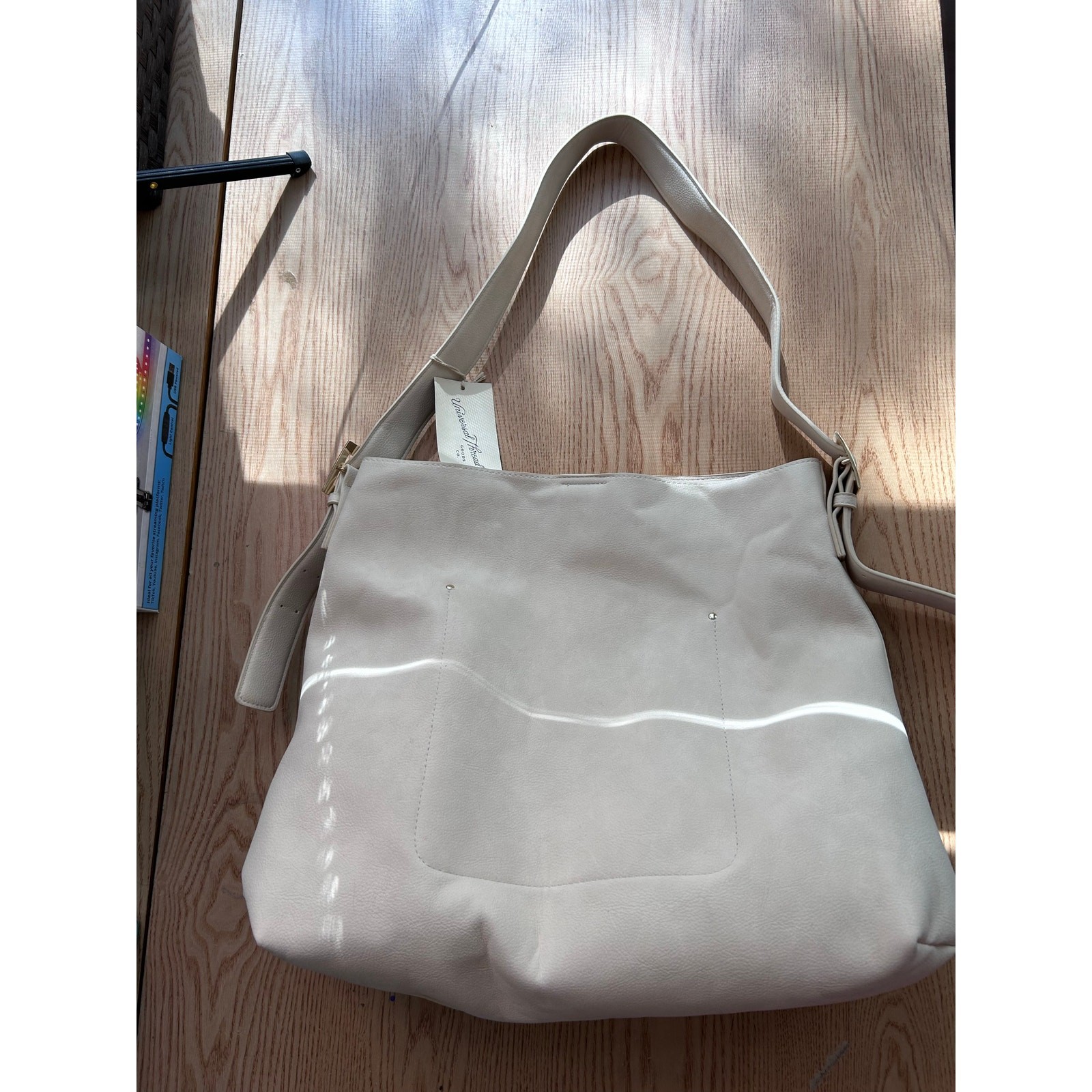 New Womens Universal Thread Faux Leather Look Handbag Purse Cream 15”x16” w/flaw