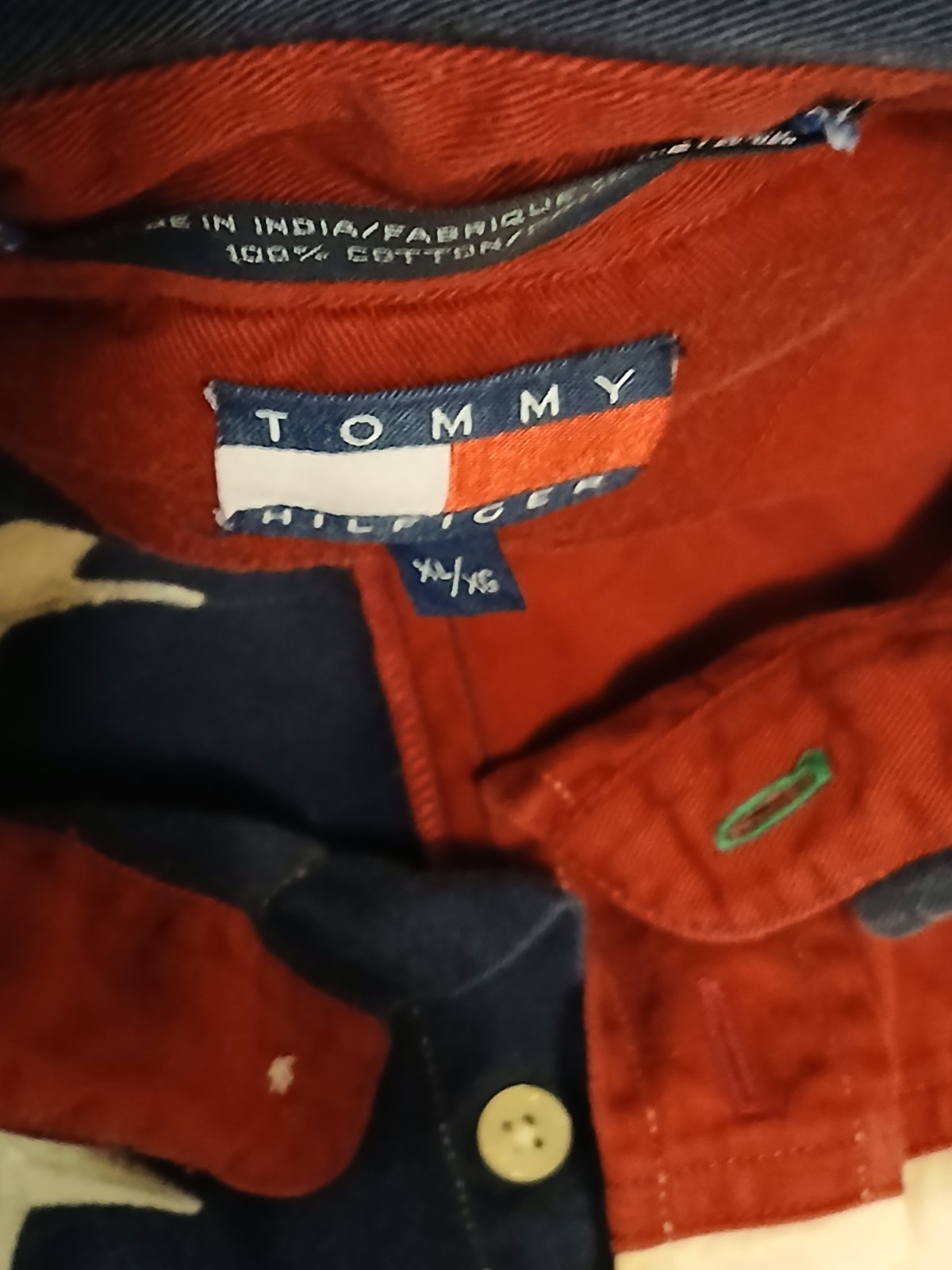 Men Vintage 90s Tommy Hilfiger Big Logo USA Flag Button Down Denim Shirt XL