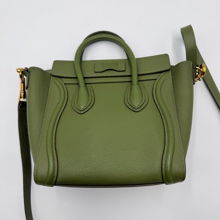 CELINE Luggage Nano Shopper Hand Bag Green Leather Gold Tone
