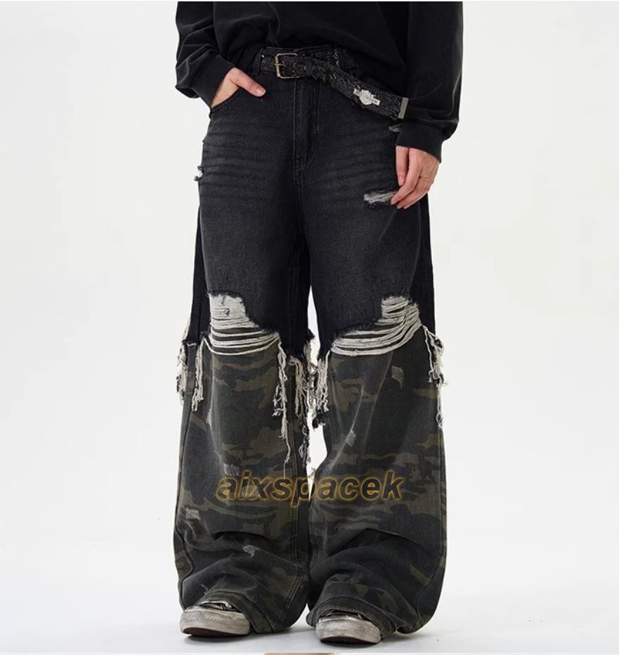Men Black Camouflage Mixed Denim Jeans Straight Leg Casual Punk Hip Hop Trousers