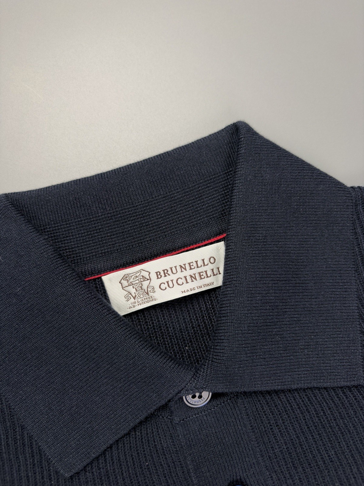 Mens Brunello Cucinelli Cotton Rib Knit Polo Shirt Dark Blue Size 48