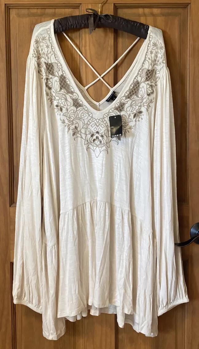 TORRID LONG SLEEVE BLOUSE TOP EMBROIDERED BABYDOLL SHIRT 5 5X 5XL 28 NEW