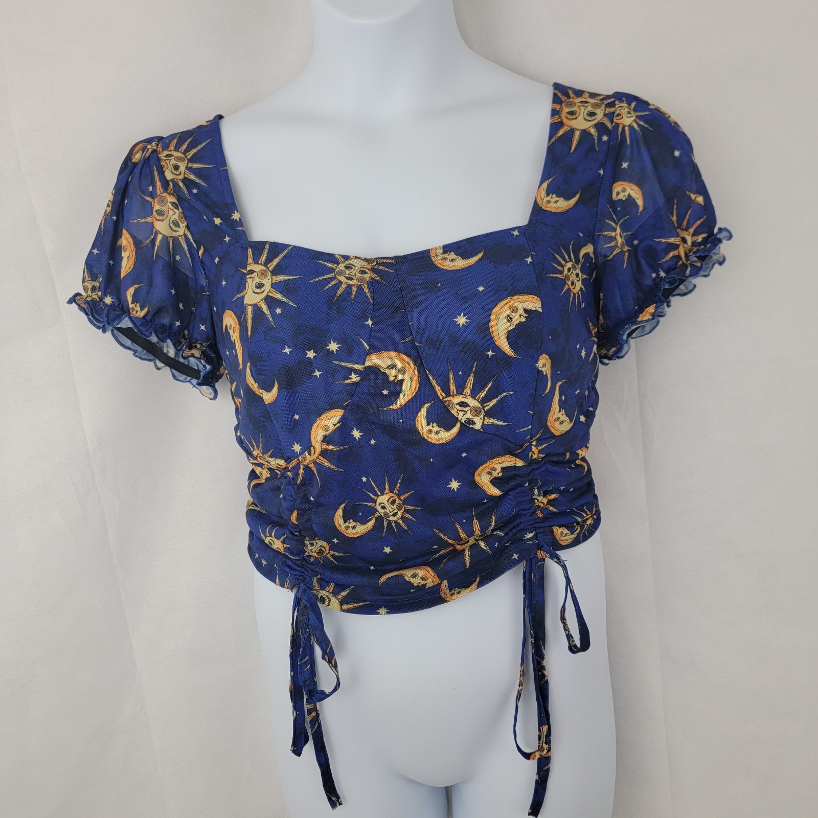 COSMIC AURA Womens Crop Top Size XL Blue Yellow Celestial Sun Moon Whimsigoth
