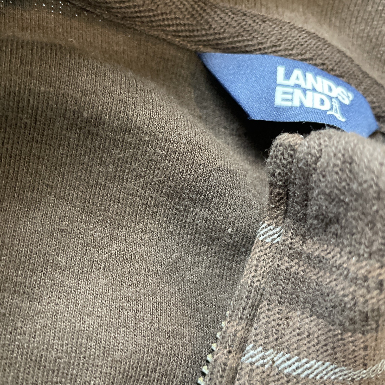 Lands’ End Brown Plaid 1/4 Zip Pullover Men’s Size Large 100% Cotton Mock Collar