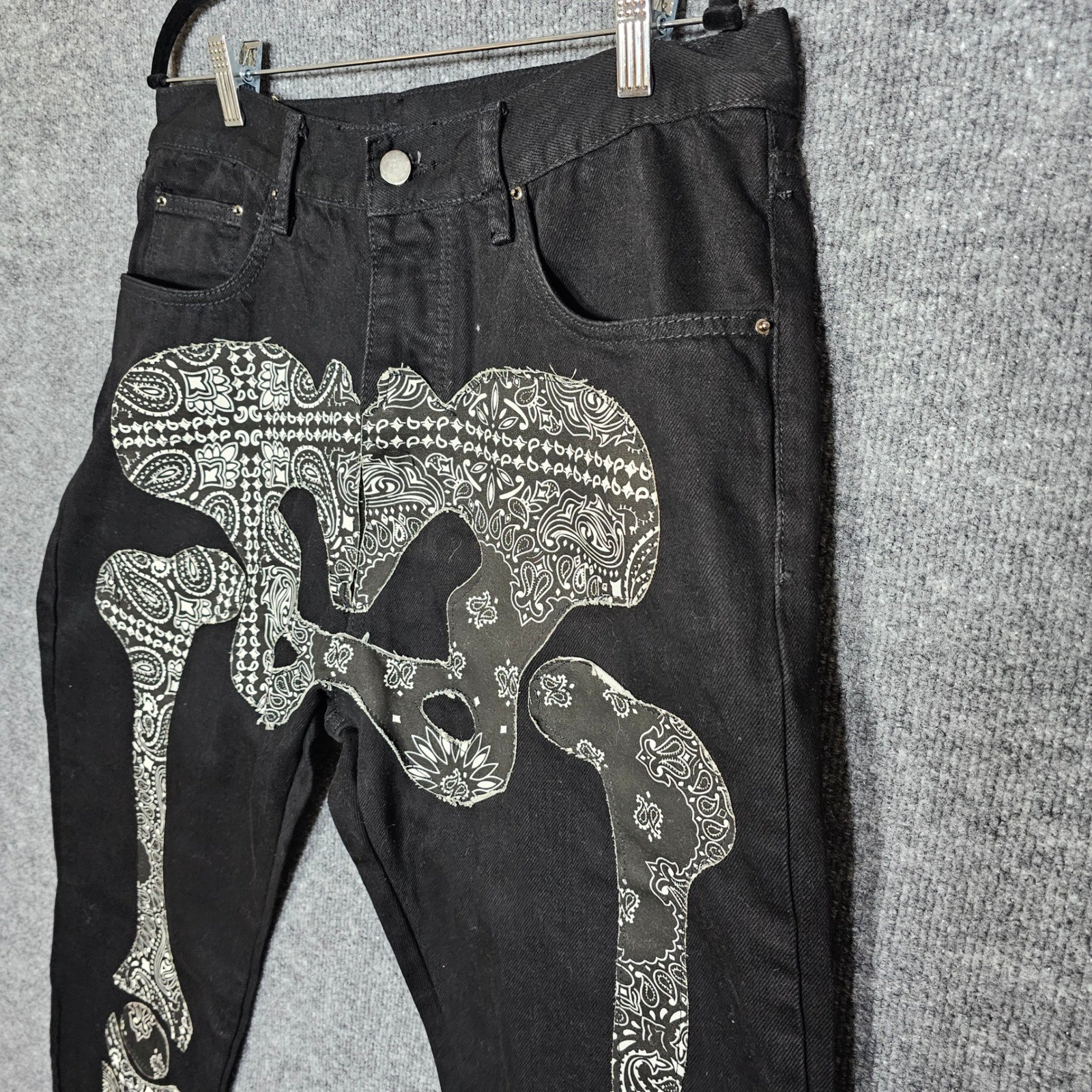 MNML Skeleton Paisley Applique Jeans Mens 34 Black Streetwear Button Fly Pants