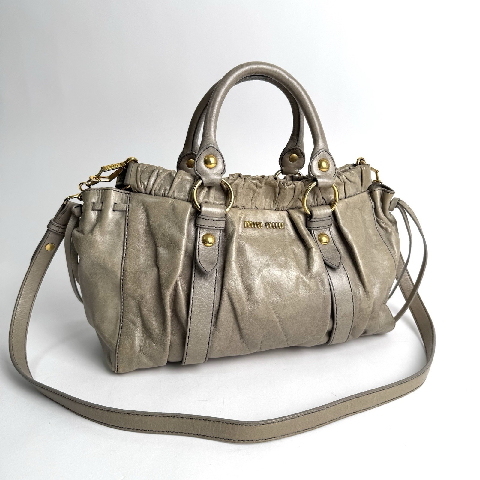 Miu Miu Vitello Lux 2Way Handbag Shoulder Bag Gray Greige Leather Auth Y2K e107