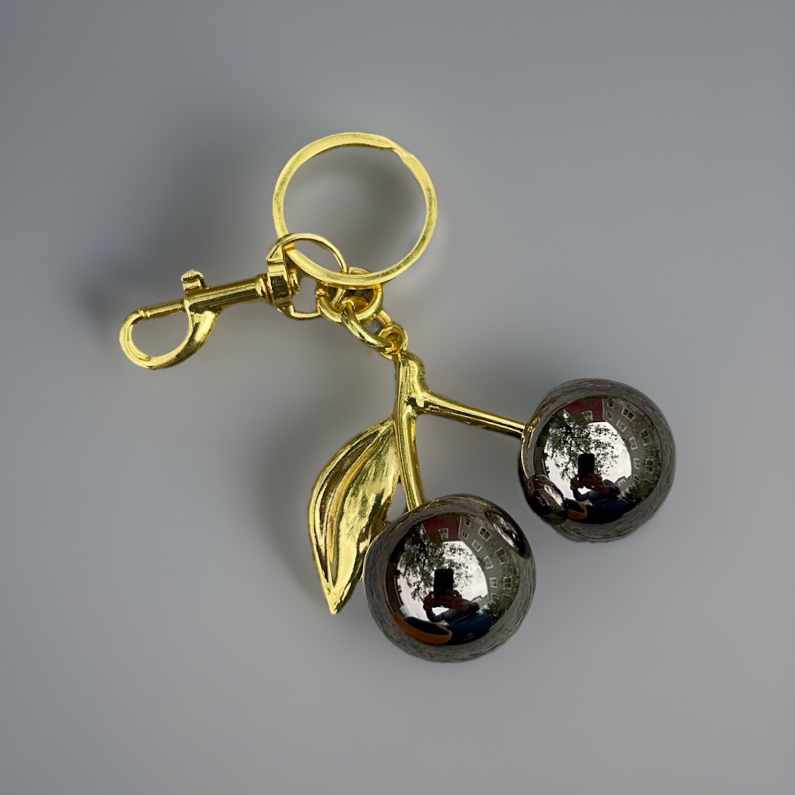 Mirrored Gunmetal Gray Cherry Bag Charm | GOLD Keychain+Premium Velvet Dust Bag