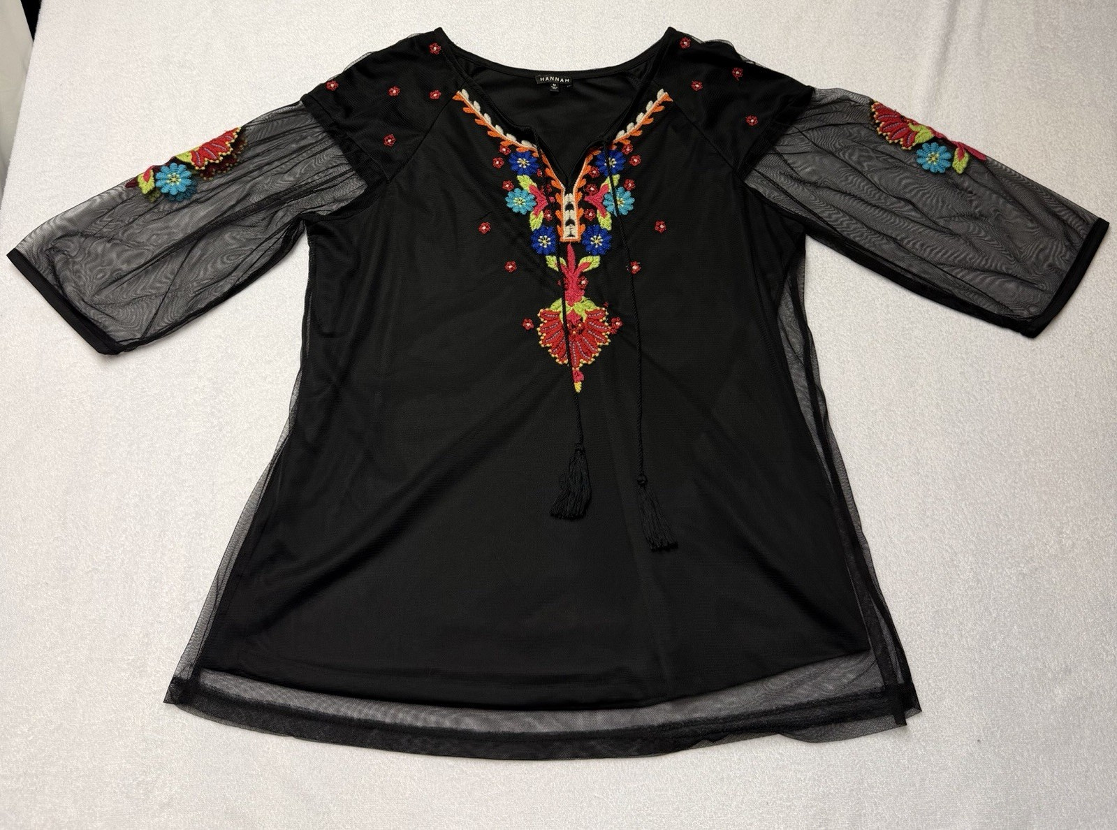 HANNAH Women’s Mesh Embroidered Top Size M Boho V-Neck Tassel Blouse Black India