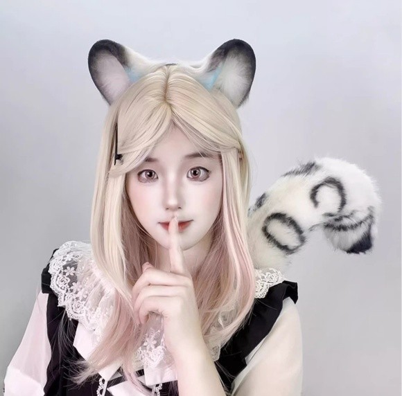 Snow Leopard Ears Headgear Headpiece 80cm Plush Tail Halloween Cosplay Prop Gift