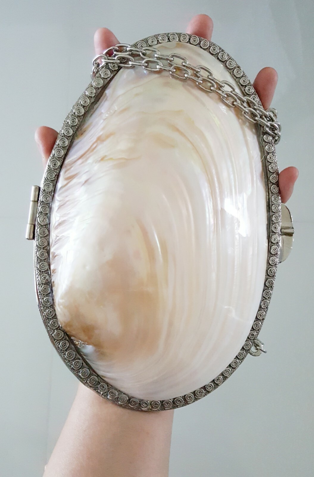 Vtg Mother of Pearl Clutch Bag Shell Pouch Shoulder Chain Hasp White Lady Mom 8″