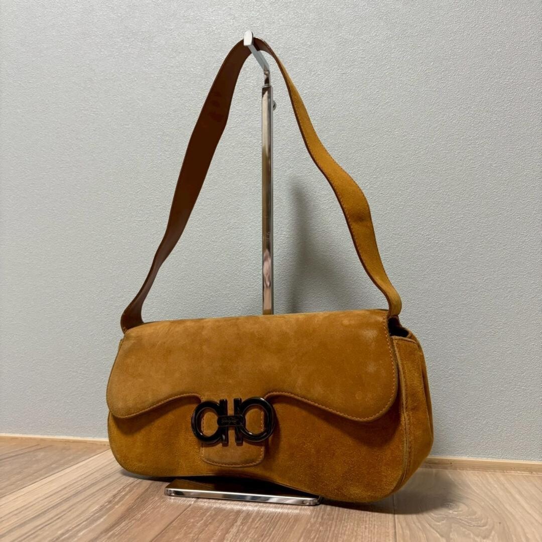 Salvatore Ferragamo One Shoulder Bag Gancini Suede Camel Vintage Auth From Japan