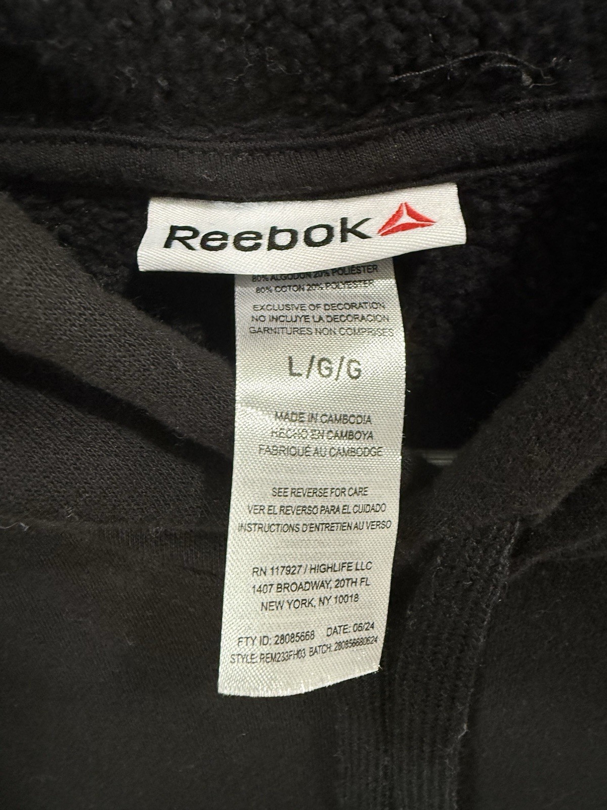 Reebok Pullover Hoodie Black Fleece Hooded Logo Pockets Men’s Size L