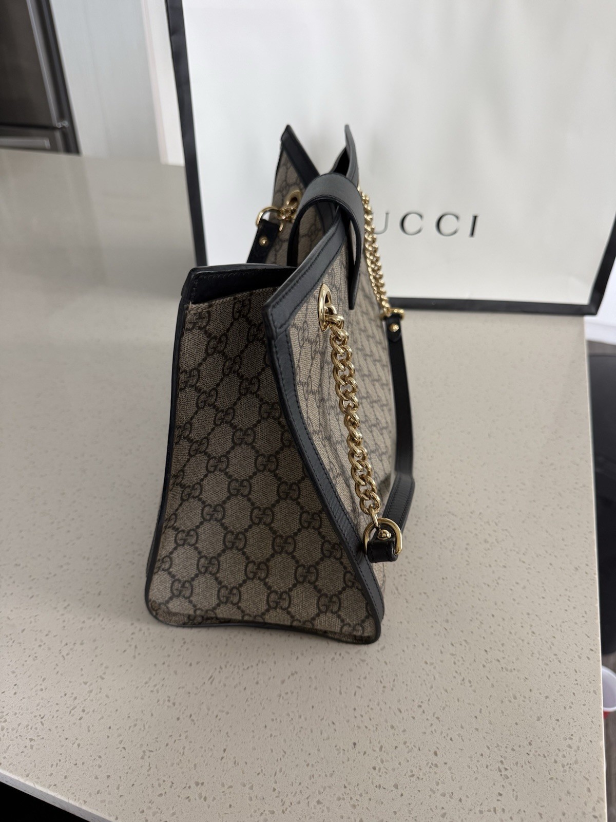 Gucci GG Padlock Medium Top Handle Bag Beige Black Gold Lock Chain Strap