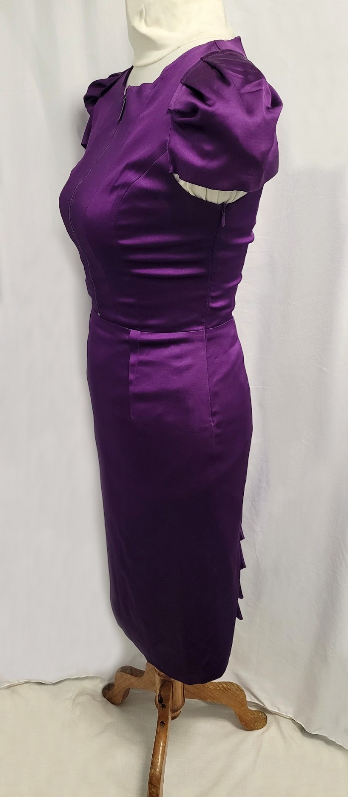 CUE Purple Satin Midi Pencil Bustle Dress Cup Sleeve Size 8