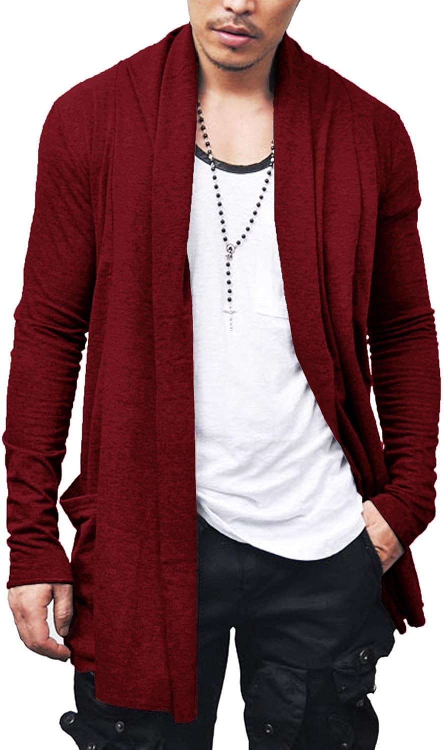 Men’s Lightweight Open Front Cardigan Longline Drape Sweater with Pockets Shawl