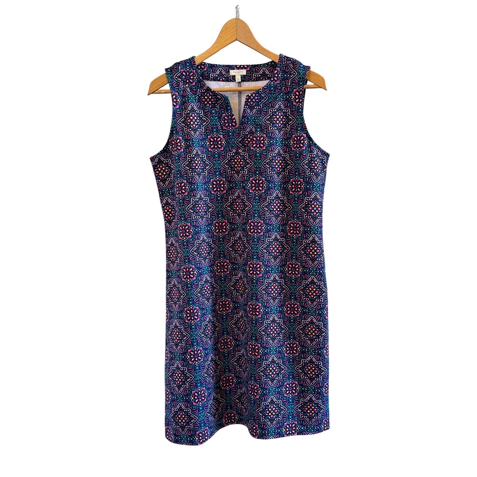 Talbots Petite Medium (MP) Geo Medallion Split Neck Sleeveless Shift Dress NWOT
