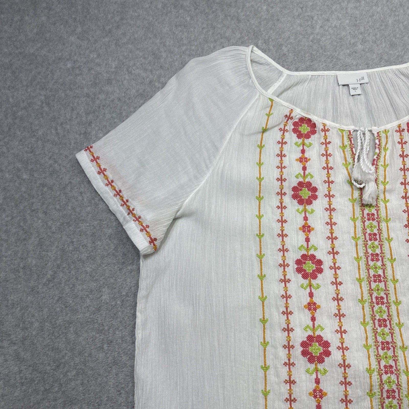 J Jill Top Large White Embroidered Gauze Beach Casual Cottagecore Boho Peasant