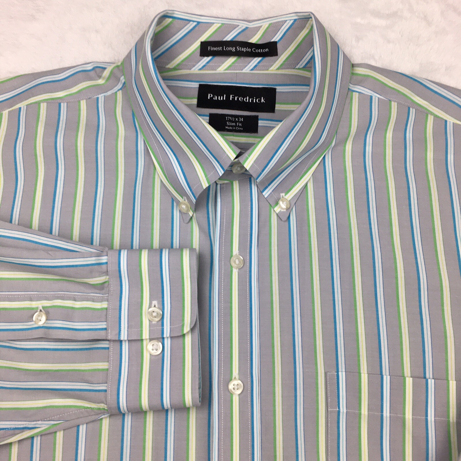 Paul Fredrick Dress Shirt Mens 17.5-34 Gray w/Blue & Green Stripes Slim Fit