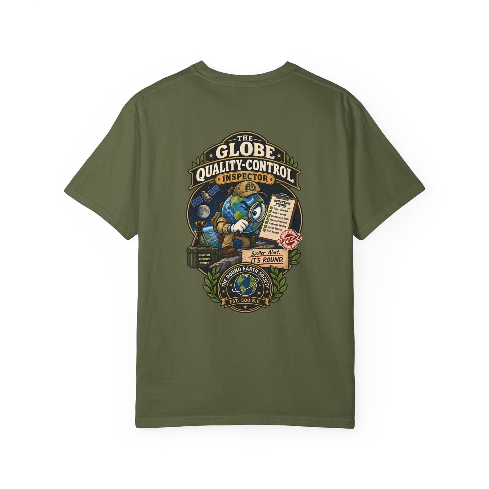 Globe Quality Control Inspector — Round Earth Society T-Shirt – Comfort Colors