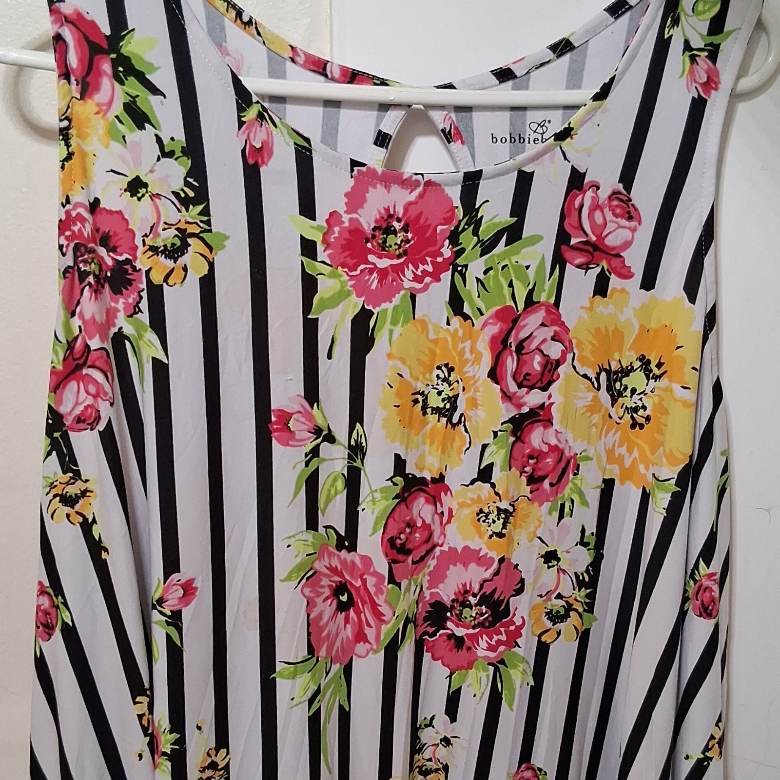 Bobbie Brooks Women’s Black/White Floral Striped Knit Keyhole Midi Dress 2X