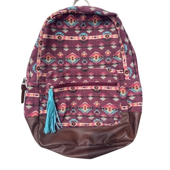 Southwestern Canvas Backpack Burgundy Brown Boho Multiple Pockets Medium